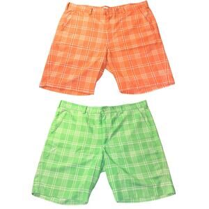 2 Pair - Antigua Golf Shorts Mens Size 40 Plaid Performance Stretch Coral Green